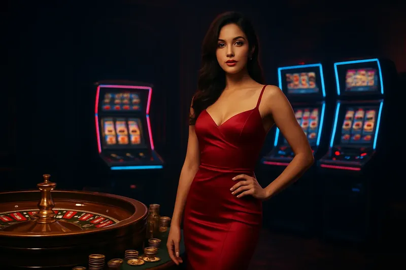 Elegant woman in red dress standing by roulette and slot machines in luxury Bangladesh casino with neon accents