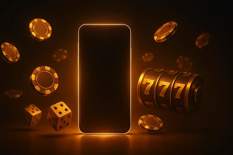 Panoramic banner with glowing smartphone, floating casino chips, slot reels, and dice on a dark luxurious background with gold accents